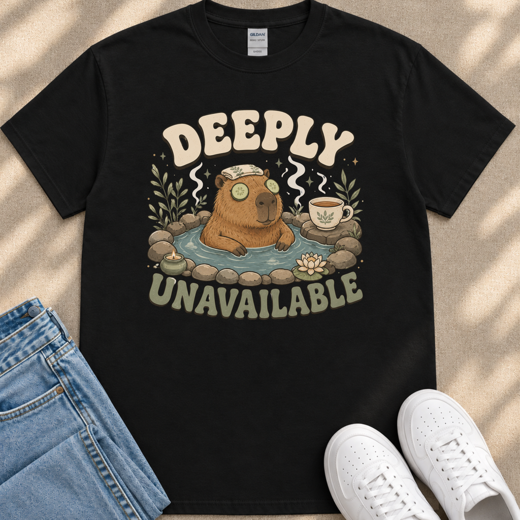 a black t-shirt with a graphic design depicting a cartoon beaver in a hot tub, surrounded by various objects such as a cup, a towel, and a pair of sunglasses. The text on the t-shirt reads "DEEPLY UNAVAILABLE".