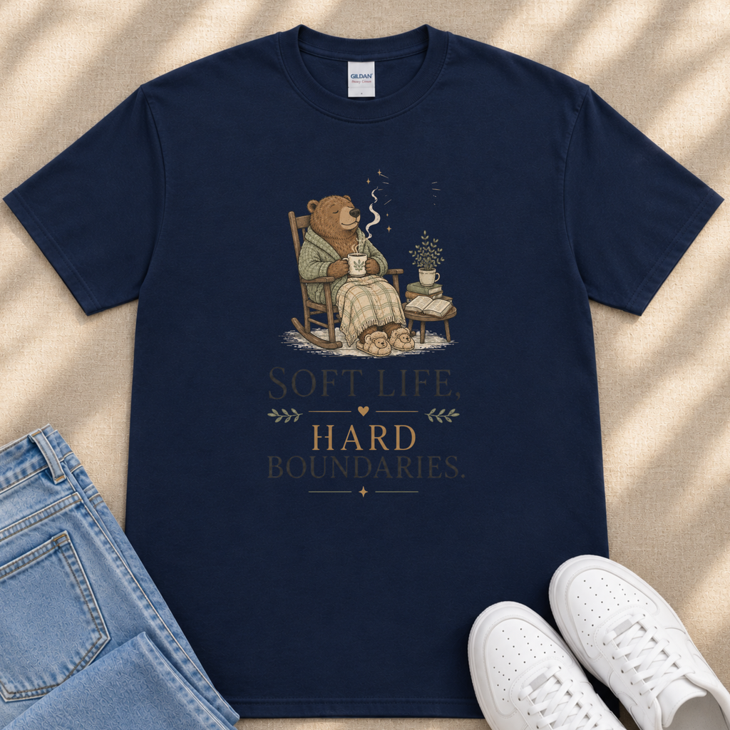 A navy blue t-shirt with a graphic design depicting a bear sitting in a rocking chair, holding a cup and surrounded by potted plants. The text below the image reads "Soft life, hard boundaries."