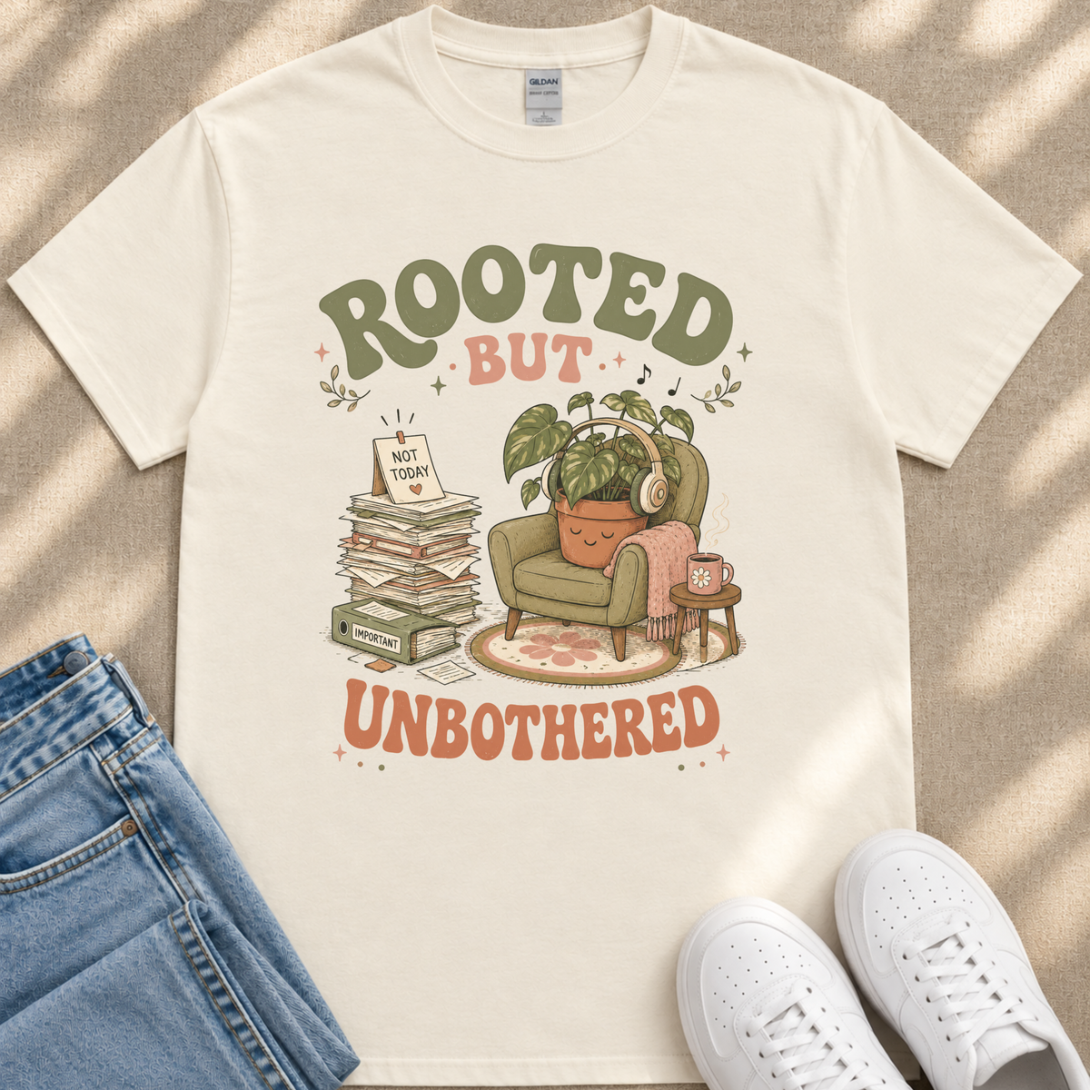 A white t-shirt with a graphic design depicting a potted plant, a stack of books, and a person wearing headphones, along with the text "ROOTED BUT UNBOTHERED".