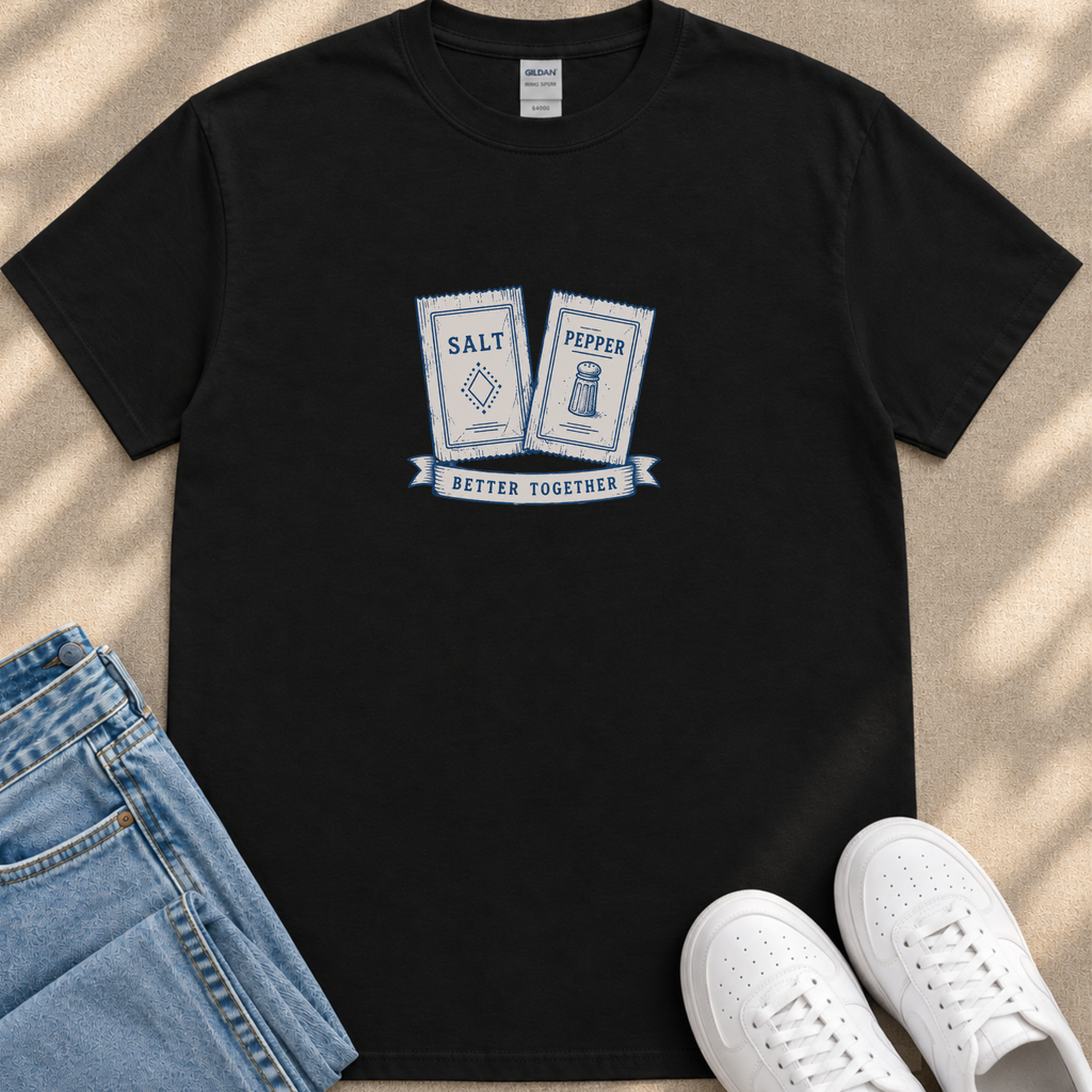 a black t-shirt with a graphic design, a pair of blue jeans, and a pair of white sneakers.