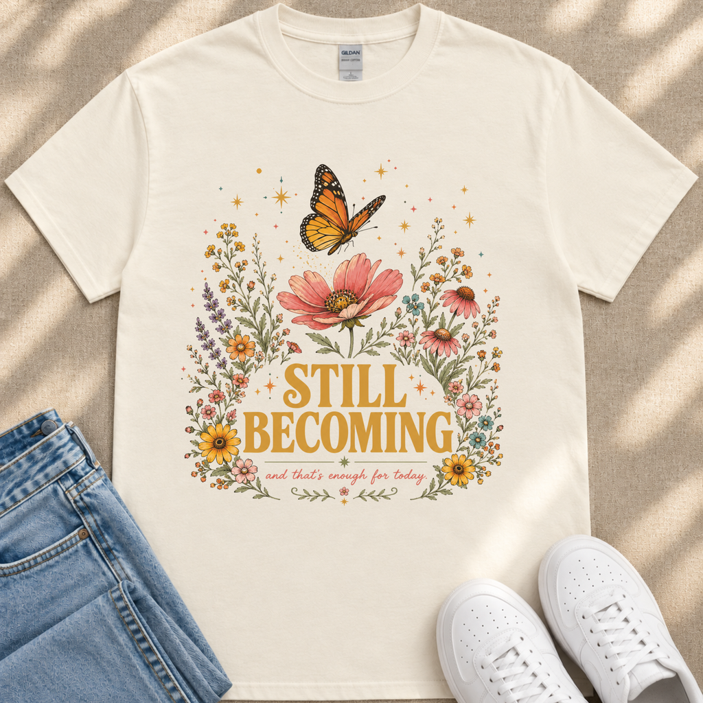 A white t-shirt with a floral design and a butterfly, along with the text "STILL BECOMING" and "and that's enough for today".