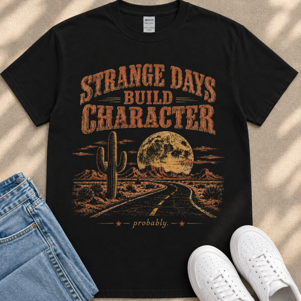 a black t-shirt with a graphic design depicting a desert landscape with a cactus, a road, and a full moon. The text on the t-shirt reads " Strange Days Build Character probably".