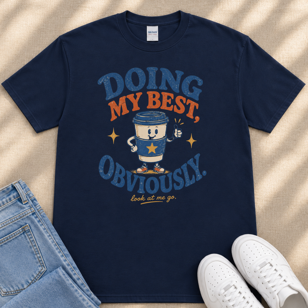 A navy blue t-shirt with a graphic design featuring a coffee cup character and the text "Doing my best, ObVIOUSLY. look at me go."