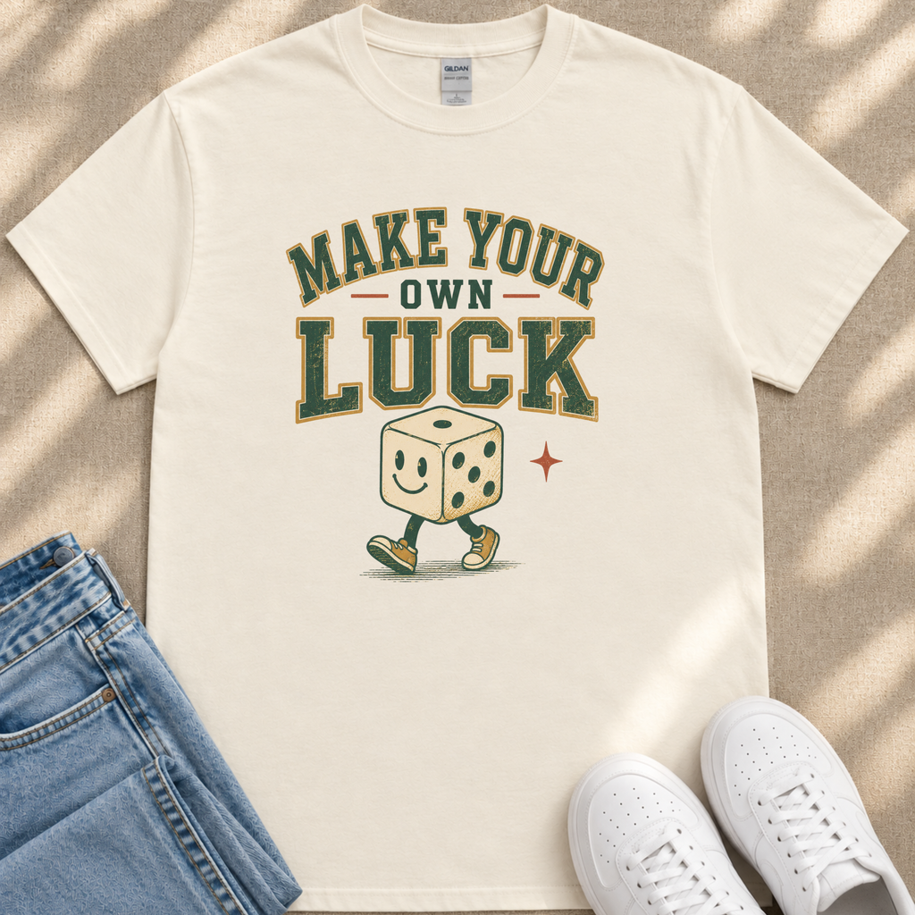 A white t-shirt with a graphic design featuring a smiling dice character and the text "MAKE YOUR OWN LUCK" printed on it.