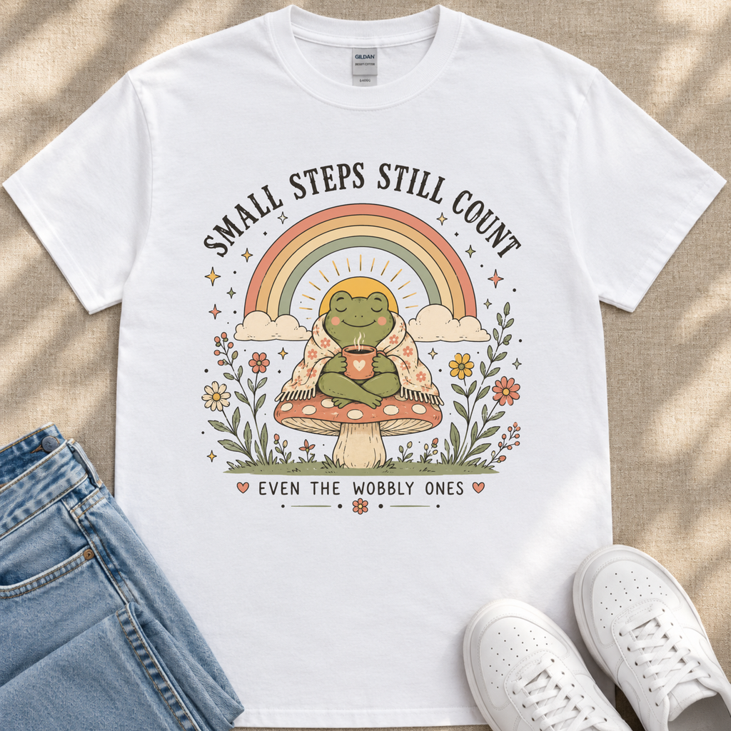 A white t-shirt with a colorful graphic design depicting a frog sitting on a mushroom, surrounded by flowers and a rainbow. The text on the t-shirt reads "Small steps still count" and "Even the wobbly ones".