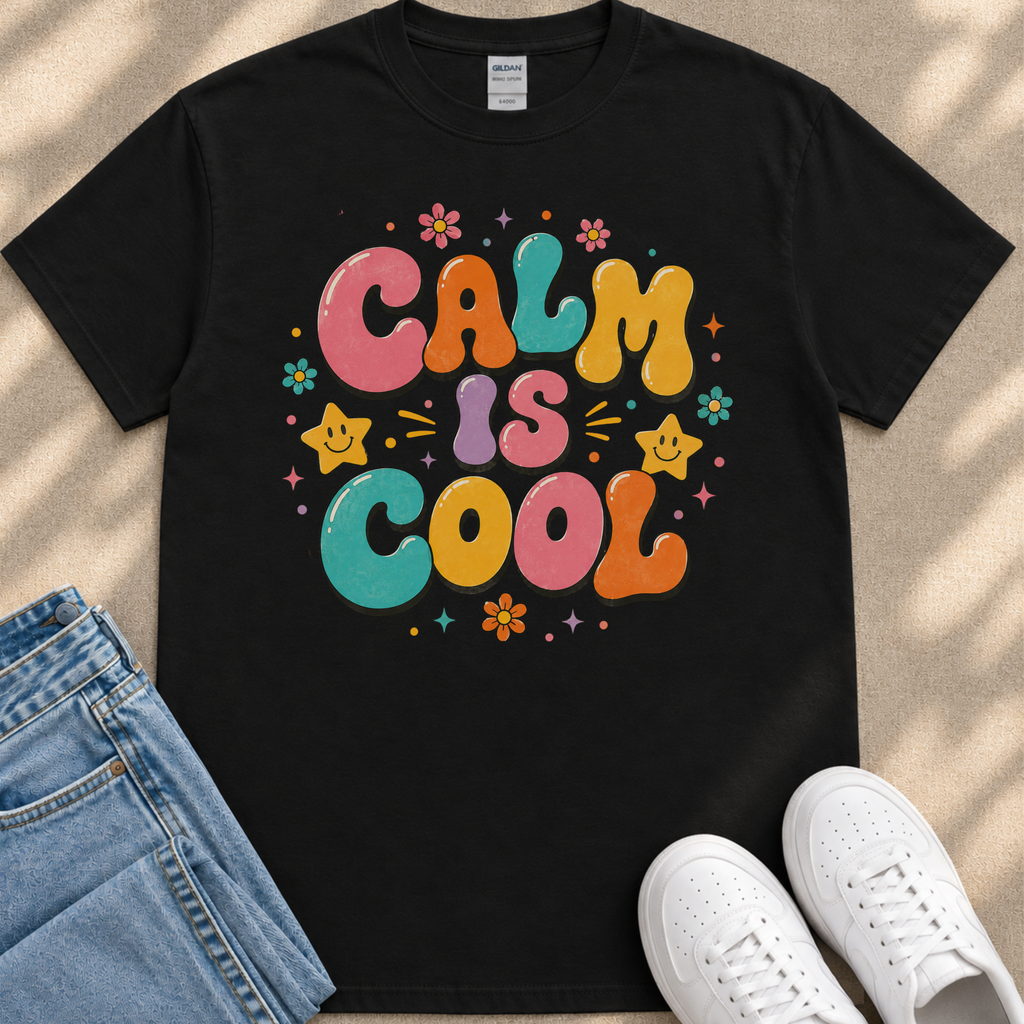 A black t-shirt with a colorful graphic design that says "Calm is cool" surrounded by various decorative elements such as flowers, stars, and smiley faces.