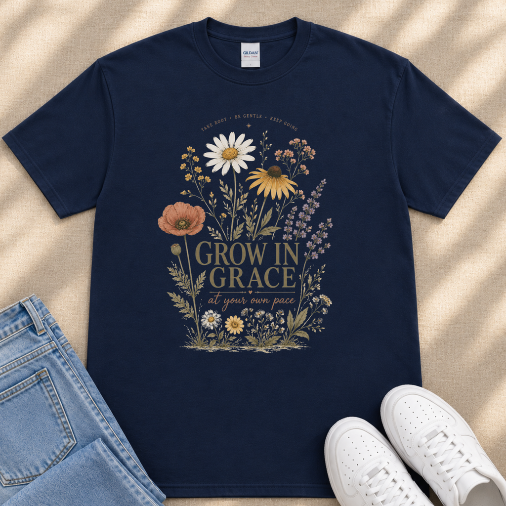 A navy blue t-shirt with a floral design and the text "Grow in Grace" printed on it, along with a pair of jeans and white sneakers.