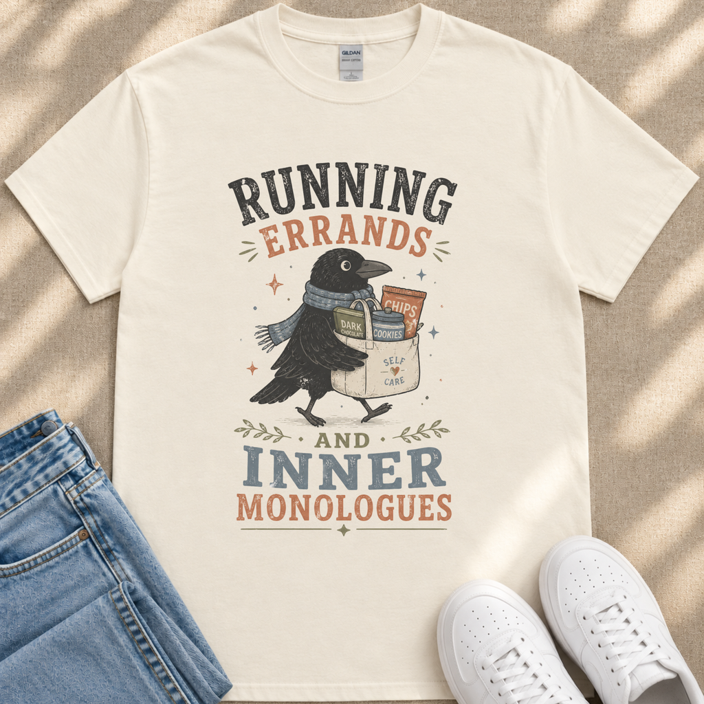 A white t-shirt with a graphic design featuring a black bird carrying a bag of chips and the text "RUNNING errands AND INNER MONOLOGUES".