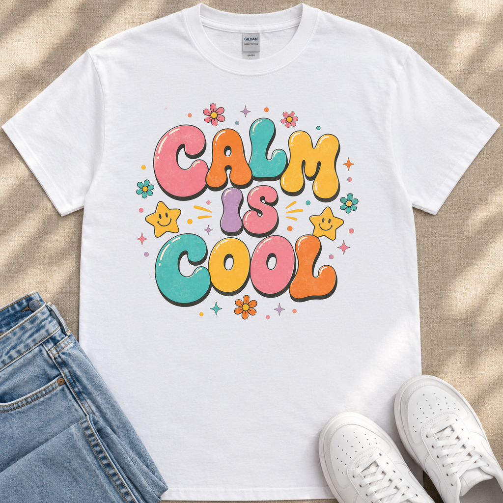 A white t-shirt with a colorful graphic design that says "Calm is cool" surrounded by various decorative elements such as flowers and stars.