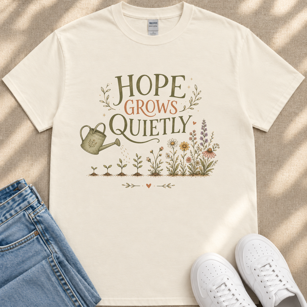 a white t-shirt with a printed design of a watering can and flowers, along with the text "HOPE GROWS QUICELY" printed on it. The t-shirt is placed on a beige surface, and there are a pair of blue jeans and white sneakers visible in the image.