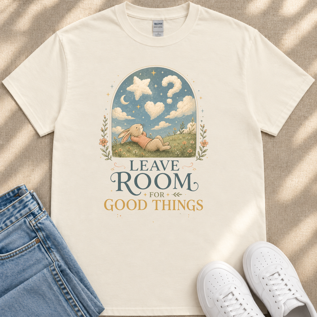 A white t-shirt with a graphic design depicting a rabbit in a field under a starry sky, along with the text "LEAVE ROOM FOR GOOD THINGS".
