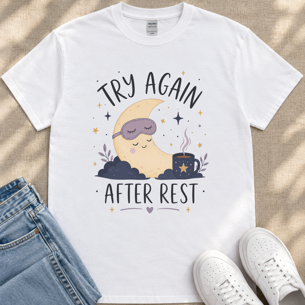 A white t-shirt with a graphic design depicting a crescent moon, a cup of coffee, and the text "TRY AGAIN AFTER REST" along with a sleeping character.
