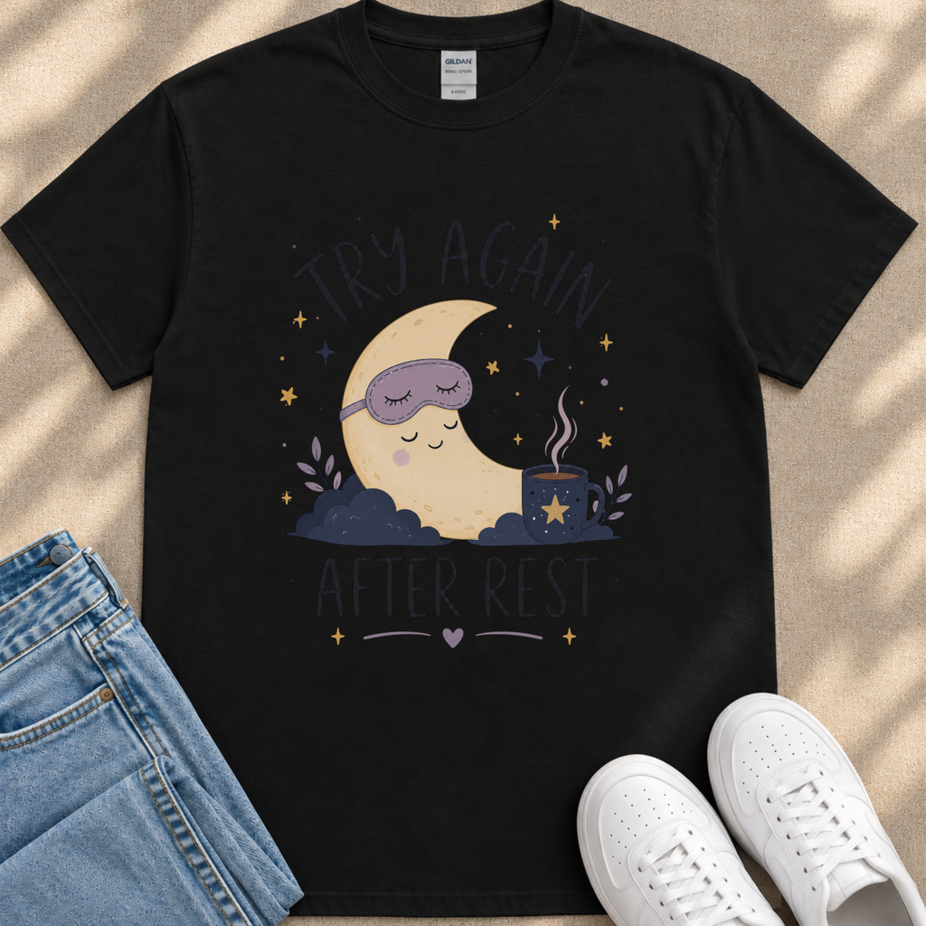 A black t-shirt with a graphic design depicting a crescent moon, a sleeping person, and stars, along with the text "TRY AGAIN AFTER REST".