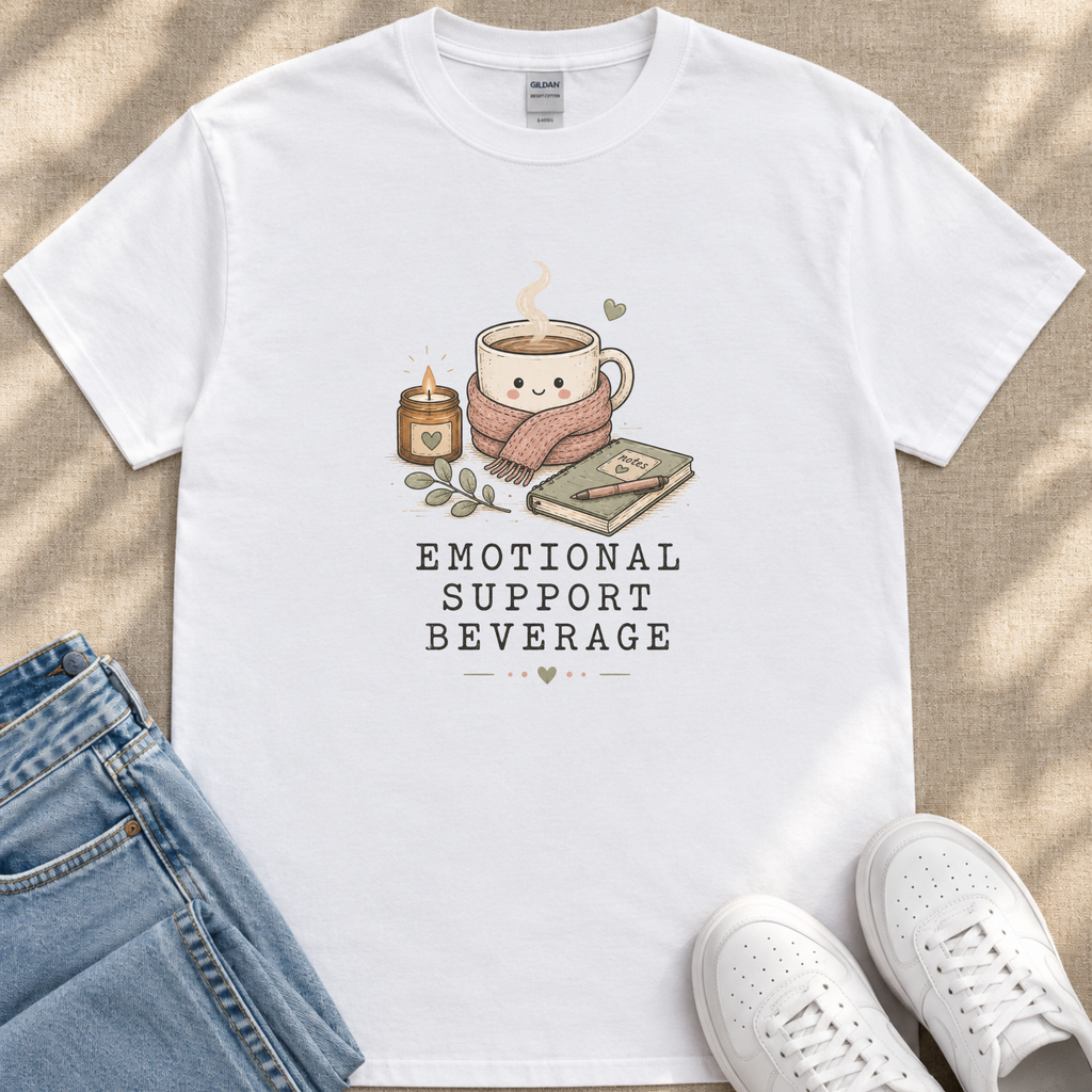 A white t-shirt with a graphic design depicting a cup of coffee, a candle, and a book, along with the text "EMOTIONAL SUPPORT BEVERAGE".