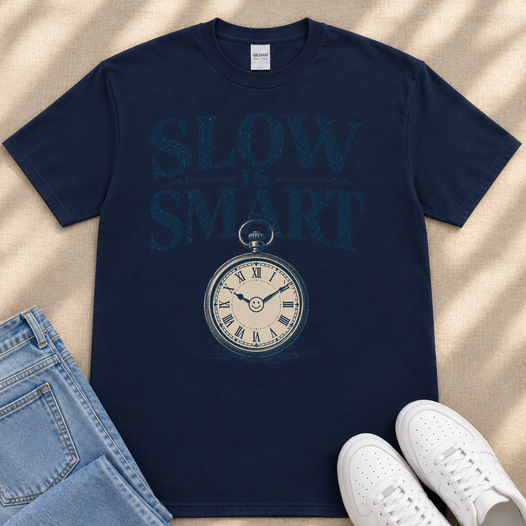 A navy blue t-shirt with the text "SLOW IS SMART" printed on it, along with a clock graphic. The t-shirt is placed on a beige surface, and there are a pair of jeans and white sneakers visible in the image.