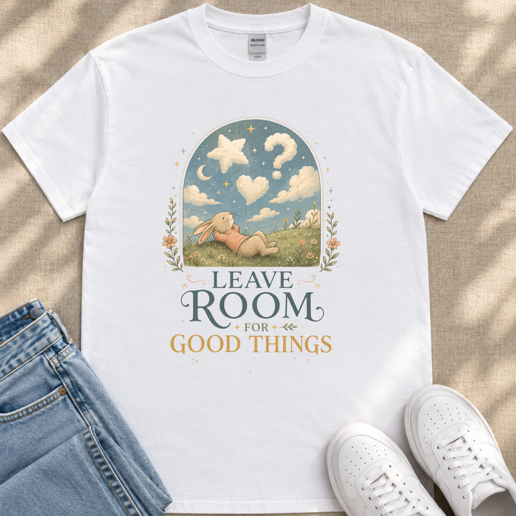 A white t-shirt with a graphic design depicting a rabbit in a field under a starry sky, accompanied by the text "LEAVE ROOM FOR GOOD THINGS".