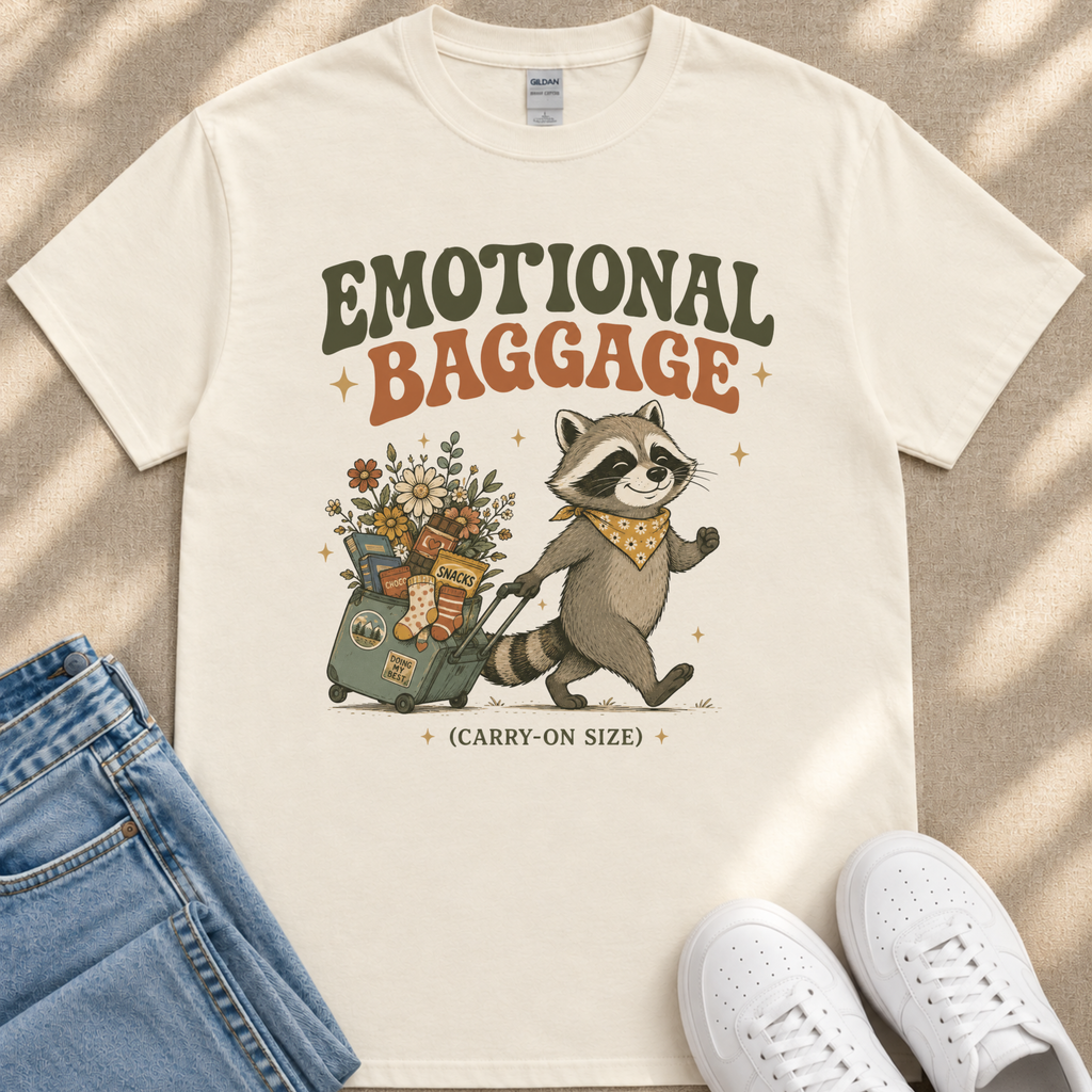 a white t-shirt with a graphic design depicting a raccoon pulling a suitcase filled with various items, accompanied by the text "Emotional Baggage" and "(Carry-on Size)".