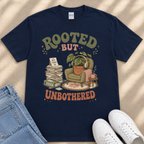 A navy blue t-shirt with a graphic design depicting a potted plant, a stack of books, and a person wearing headphones, along with the text "ROOTED BUT UNBOTHERED" printed on it.
