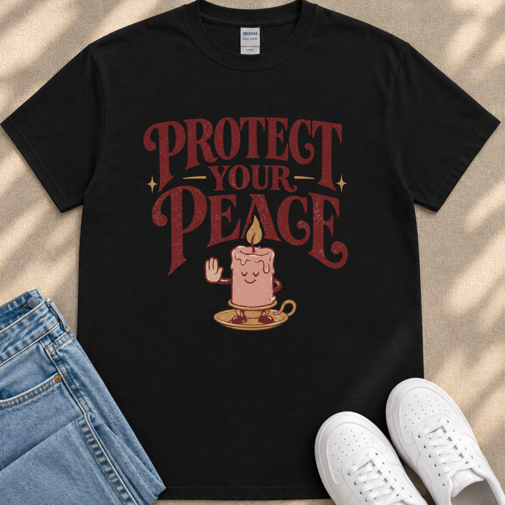 A black t-shirt with a graphic design featuring a candle and the text "PROTECT YOUR PEACE" in a stylized font.
