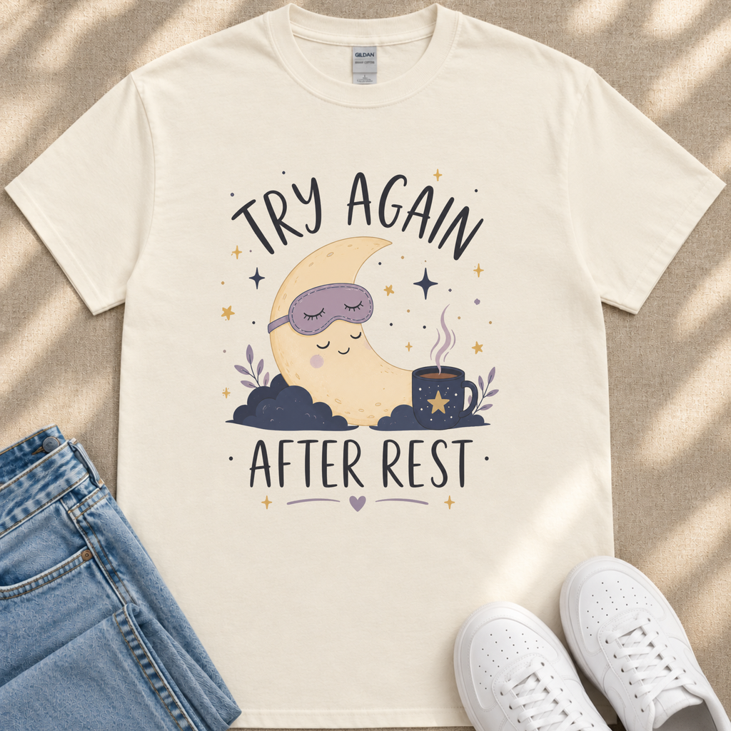 A white t-shirt with a graphic design depicting a sleeping crescent moon and stars, along with the text "TRY AGAIN AFTER REST" and a mug with a star.