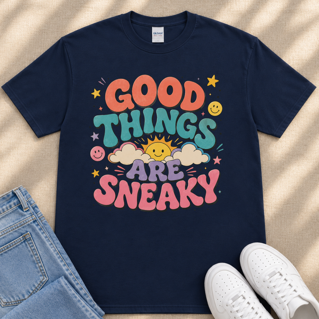 A navy blue t-shirt with a colorful graphic design that says "GOOD THINGS ARE SNAKY" and features various cheerful elements such as clouds, stars, and smiley faces.