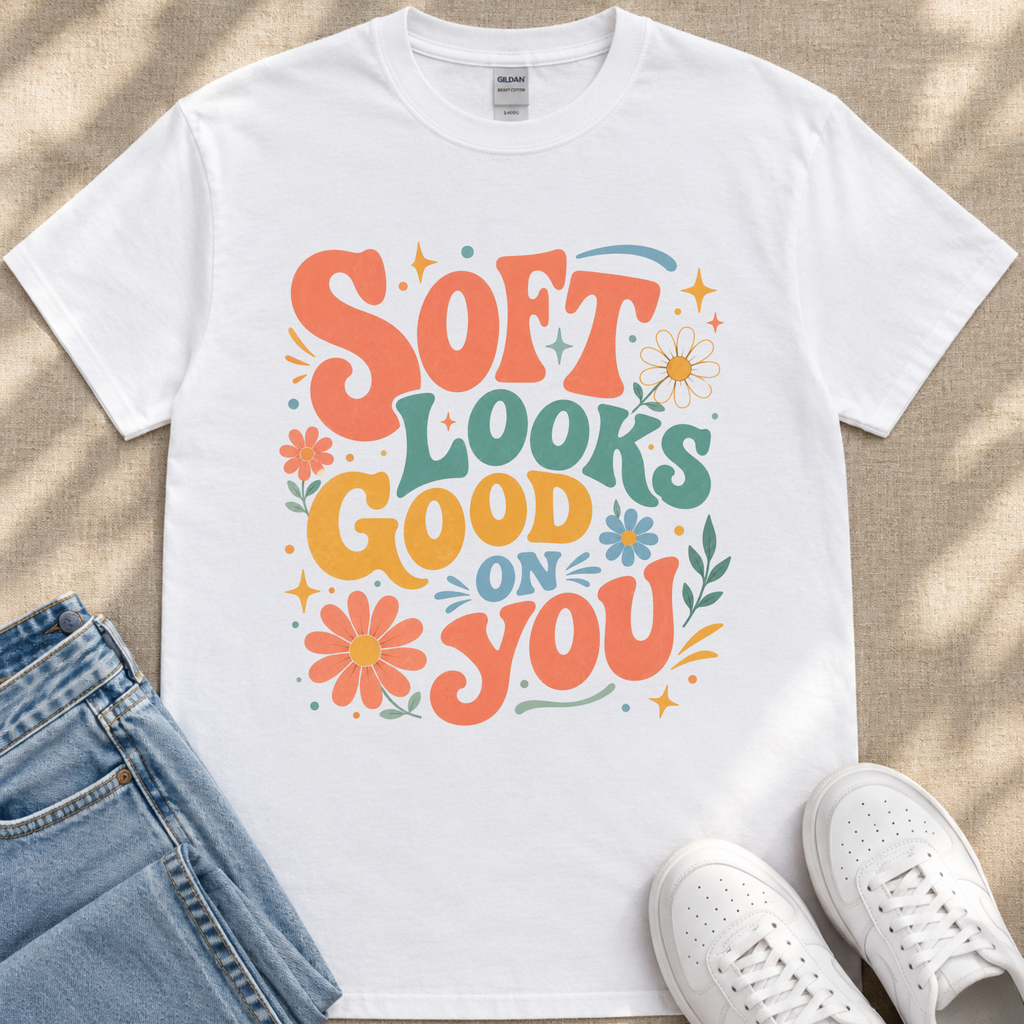 A white t-shirt with a colorful graphic design that says "Soft looks good on you" surrounded by flowers and stars.