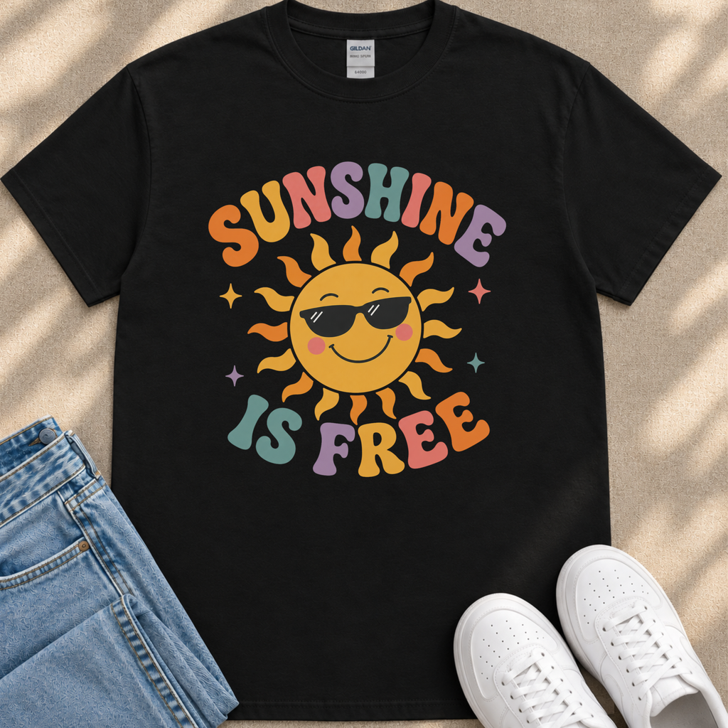 A black t-shirt with a colorful graphic design of a smiling sun wearing sunglasses, along with the text "SUNSHINE IS FREE" printed on it.