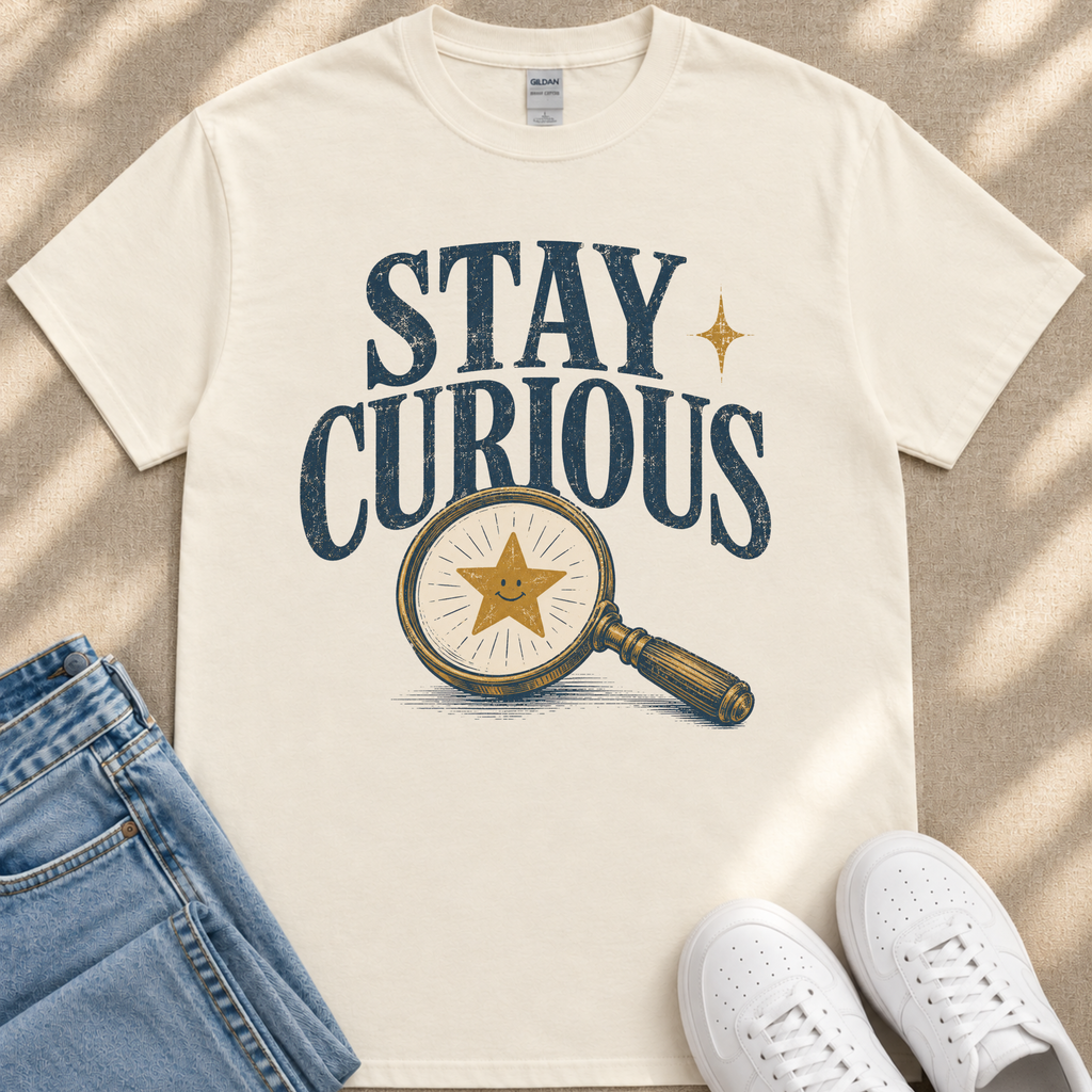 a white t-shirt with a graphic design of a magnifying glass and a smiling star, accompanied by the text "STAY CURIOUS".