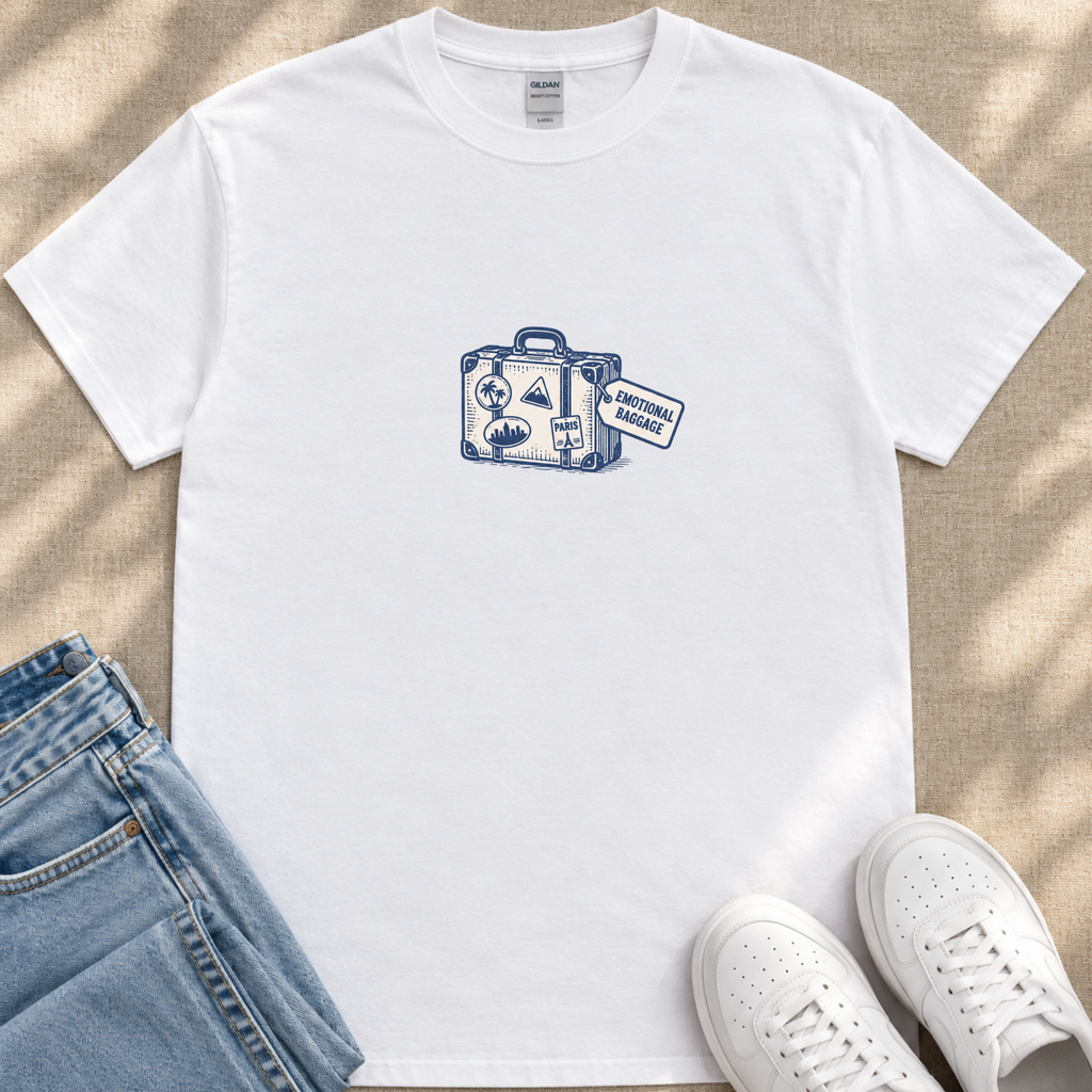 A white t-shirt with a graphic of a suitcase and a travel-related sticker, along with a pair of jeans and white sneakers, all laid out on a beige surface.