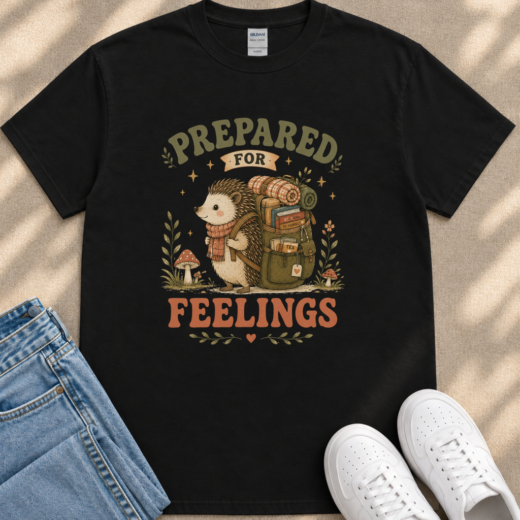 A black t-shirt with a graphic design depicting a hedgehog carrying a backpack and the text "PREPARED FOR FEELINGS" printed on it.