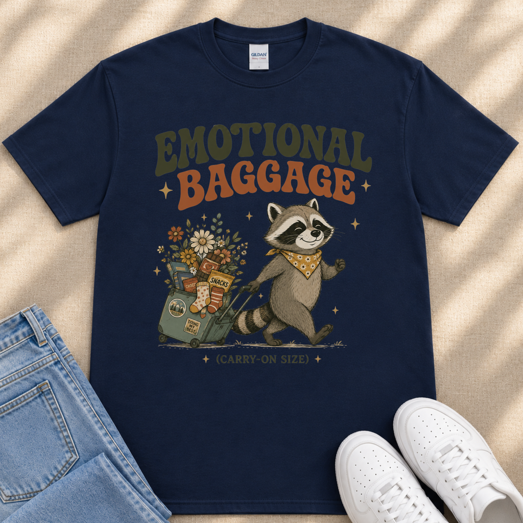a navy blue t-shirt with a graphic design depicting a raccoon pulling a suitcase filled with various items, accompanied by the text "Emotional Baggage" and "(CAREY-ON SIZE)".