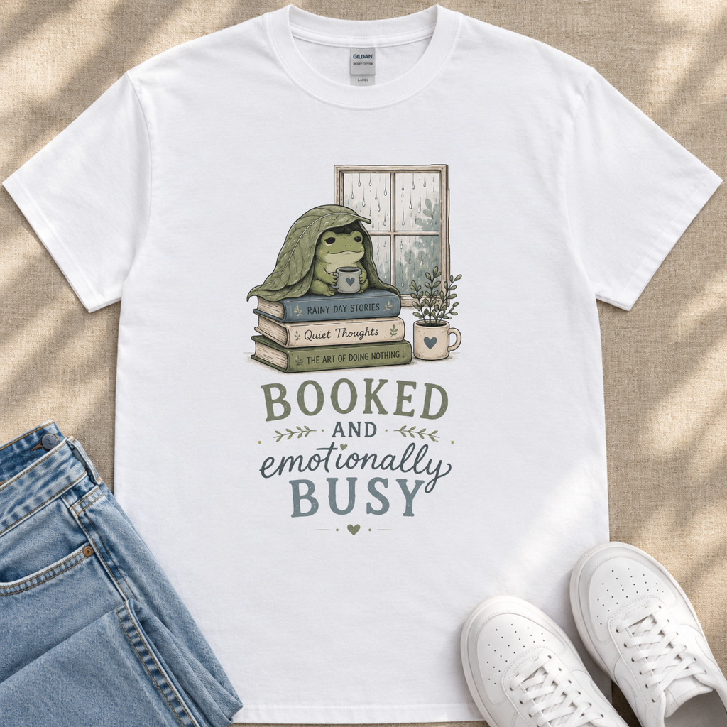 A white t-shirt with a graphic design depicting a frog sitting on a stack of books, with the text "BOOKED AND EMOTIONALLY BUSY" below the image.