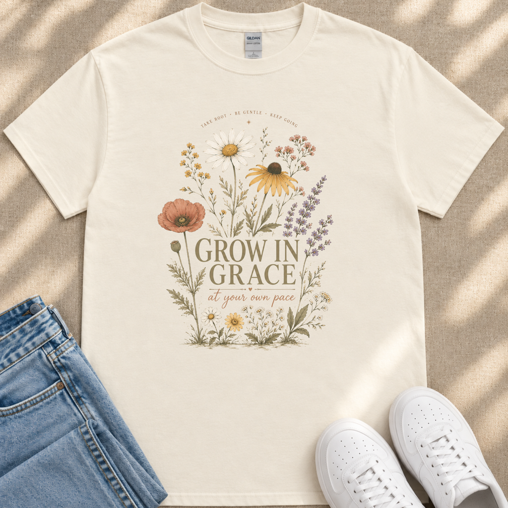 A white t-shirt with a floral design and the text "Grow in Grace" printed on it, along with a pair of jeans and white sneakers.
