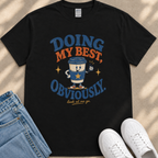 a black t-shirt with a graphic design that includes a coffee cup character and text.