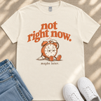 A white t-shirt with a graphic design of a clock and the text "not right now. maybe later."