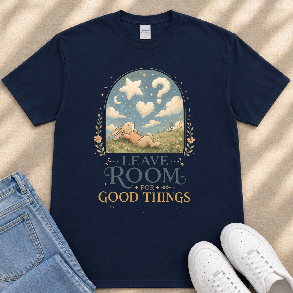 A navy blue t-shirt with a whimsical illustration of a rabbit in a field, along with the text "LEAVE ROOM FOR GOOD THINGS" printed on it.