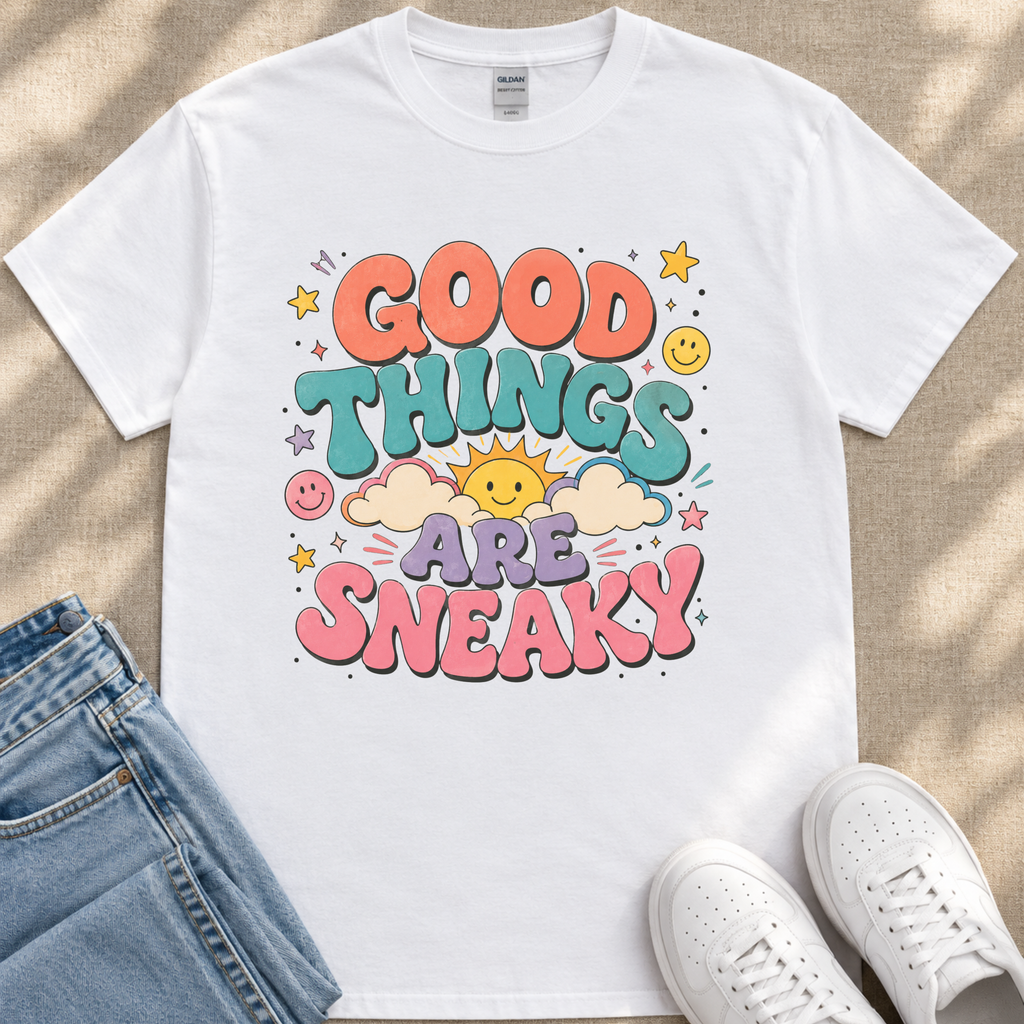 A white t-shirt with a colorful graphic design that says "GOOD THINGS ARE SNAKY" surrounded by various cheerful elements such as smiley faces, clouds, and stars.