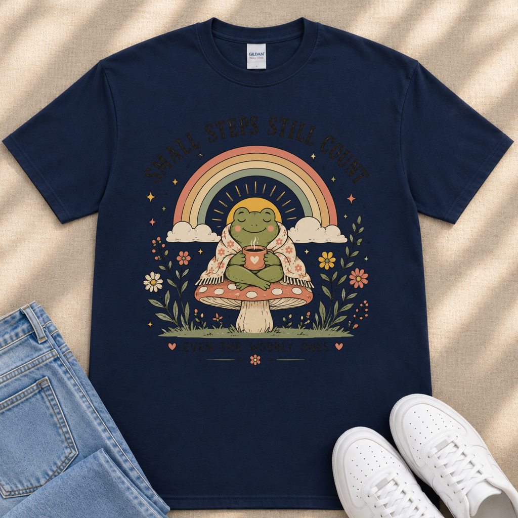 A navy blue t-shirt with a whimsical graphic design depicting a frog sitting on a mushroom, holding a cup, and surrounded by a rainbow, flowers, and a sun. The text on the t-shirt reads "Small steps still count".