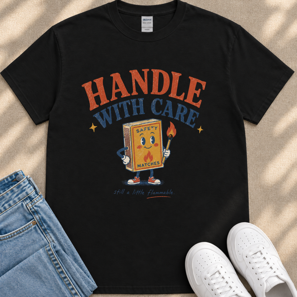 A black t-shirt with a graphic design featuring a cartoon matchbox character holding a lighter and the text "HANDLE WITH CARE SAFETY MATCHES STILL A LITTLE FLAMMABLE".