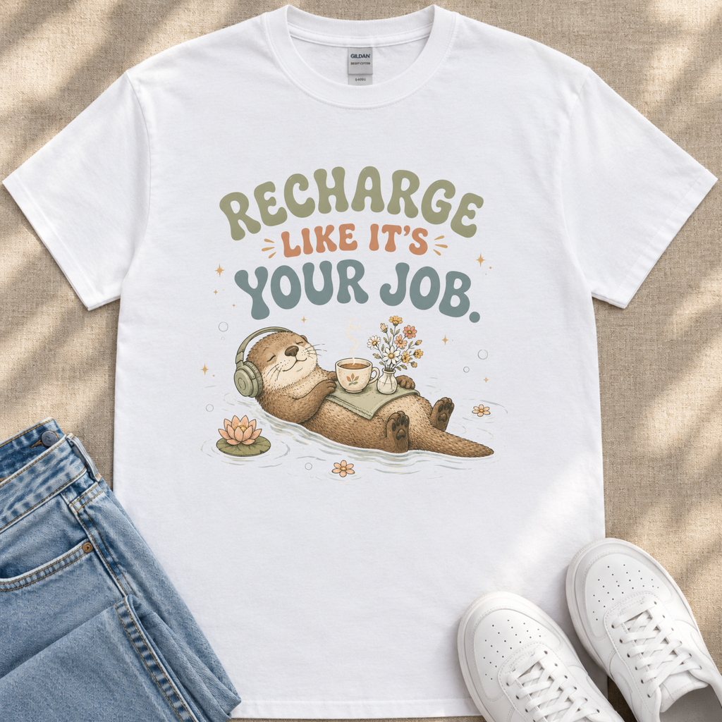 A white t-shirt with a graphic design depicting an otter wearing headphones and holding a cup, surrounded by flowers and water. The text on the t-shirt reads "Recharge like it's your job."
