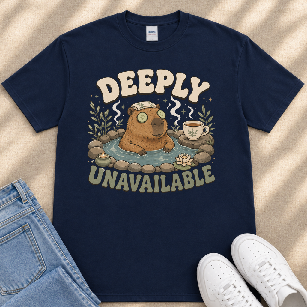 A navy blue t-shirt with a graphic design featuring a cartoon beaver in a hot tub, surrounded by various objects such as a cup, a plant, and a pair of jeans.
