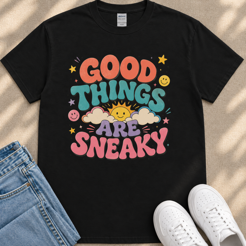 A black t-shirt with a colorful graphic design that says "GOOD THINGS ARE SNAKY" along with various cheerful elements such as smiley faces, clouds, and stars.