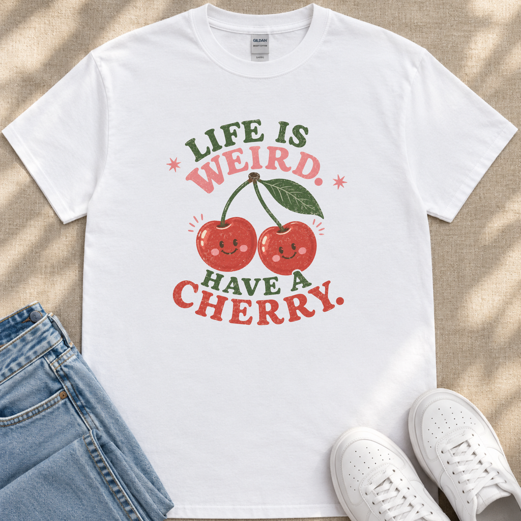 A white t-shirt with a graphic design featuring two cherries with smiling faces and the text "Life is weird. Have a cherry."
