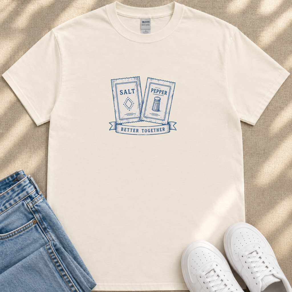 A white t-shirt with a graphic design of salt and pepper packets, along with the text "Better Together" printed on it, is displayed on a beige surface alongside a pair of blue jeans and white sneakers.