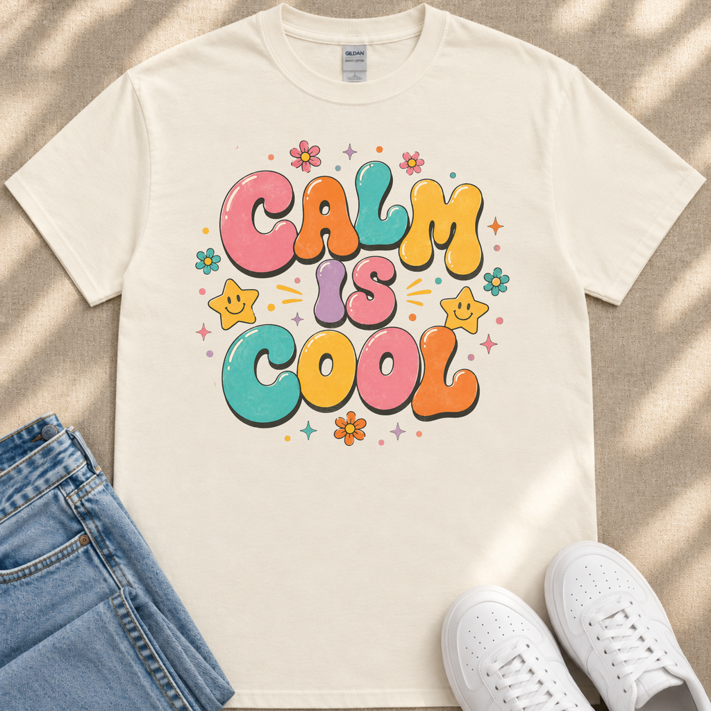 A white t-shirt with a colorful graphic design that says "Calm is cool" surrounded by various decorative elements such as flowers and stars.