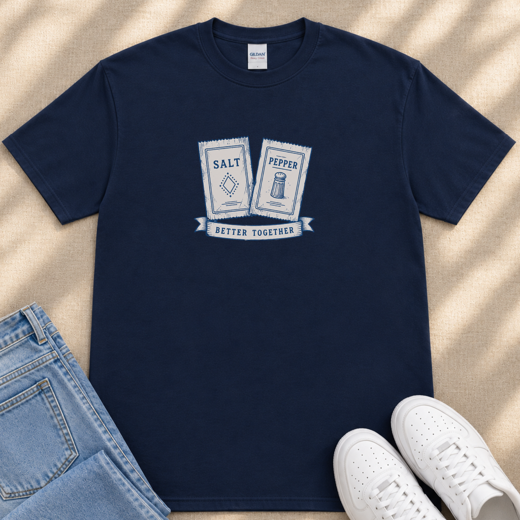 A navy blue t-shirt with a graphic design of salt and pepper packets, along with the text "Better Together" printed on it. The t-shirt is placed on a beige surface, and there are a pair of jeans and white sneakers visible in the image.
