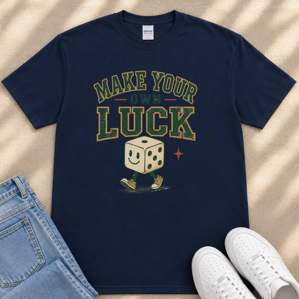 A navy blue t-shirt with a graphic design featuring a smiling dice and the text "MAKE YOUR LUCK" printed on it.
