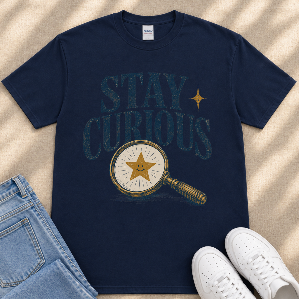 A navy blue t-shirt with the text "STAY CURIOUS" printed on it, along with a magnifying glass and a star. The t-shirt is placed on a beige surface, and there are a pair of jeans and white sneakers visible in the image.