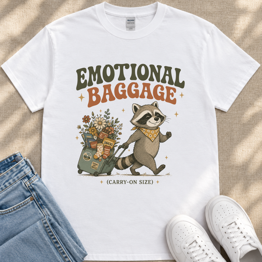 A white t-shirt with a graphic design depicting a raccoon pulling a suitcase filled with various items, accompanied by the text "Emotional Baggage" and "Carry-on Size".