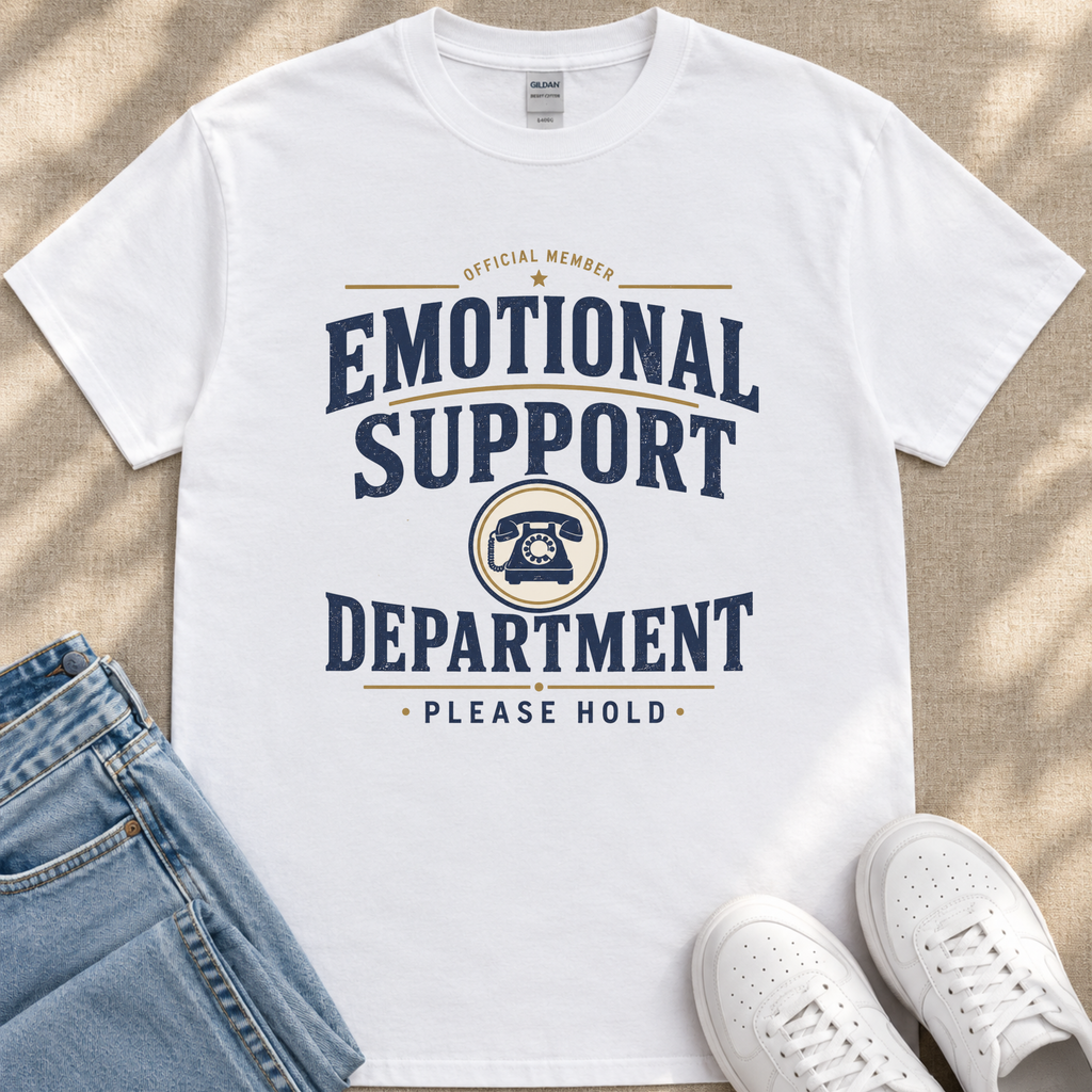 A white t-shirt with a graphic design that says "EMOTIONAL SUPPORT DEPARTMENT PLEASE HOLD" printed on it.